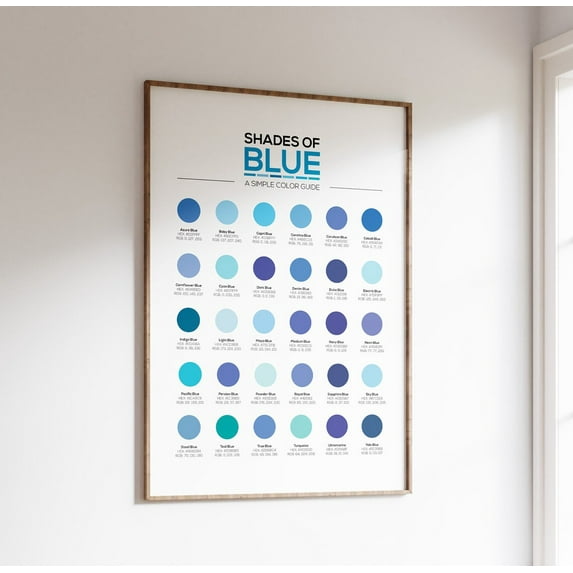 Different Shades Of Blue Color Chart With 30 Different Hex Color Codes And Rgb Numbers. Quick Reference Chart For Designers Or As Wall Art Wall Art, Modern Wall Decor, 8x12 UNFRAMED