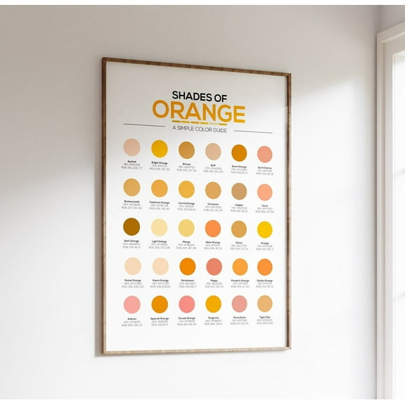 Different Shades Of Orange Color Chart With 30 Different Hex Color Codes And Rgb Numbers. Quick Reference Chart For Designers Or As Wall Art Wall Art, Modern Wall Decor, 8x12 UNFRAMED