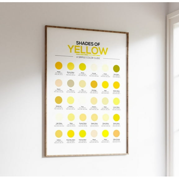Different Shades Of Yellow Color Chart With 30 Different Hex Color Codes And Rgb Numbers. Quick Reference Chart For Designers Or As Wall Art Wall Art, Modern Wall Decor, 16x24 UNFRAMED