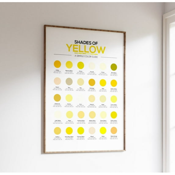 Different Shades Of Yellow Color Chart With 30 Different Hex Color Codes And Rgb Numbers. Quick Reference Chart For Designers Or As Wall Art Wall Art, Modern Wall Decor, 8x12 UNFRAMED
