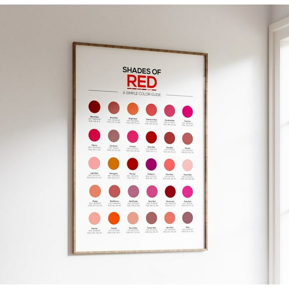 Different Shades of Red Color Chart 30 Hex Codes RGB Designer Reference Unframed Paper Print