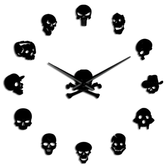 Different Skull Heads DIY Horror Wall Art Giant Large Wall Clock Big Needle Frameless Zombie Heads Wall Watch Halloween Decor(Black,37inch)