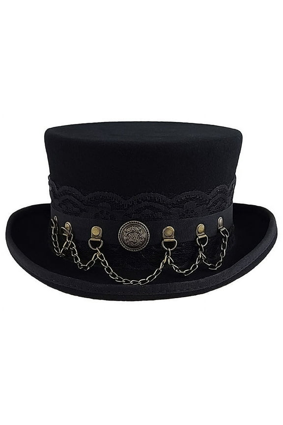 100% Wool Felt Top Hat Western Steampunk with Leather Band and Chain