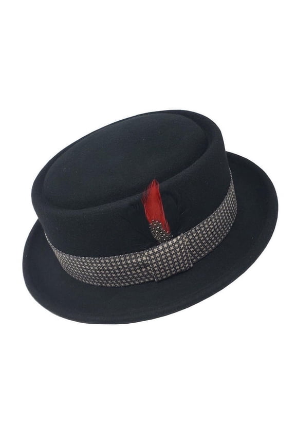 100% Wool Lined Band Black Pork Pie Flat Top Hat Unisex Adult