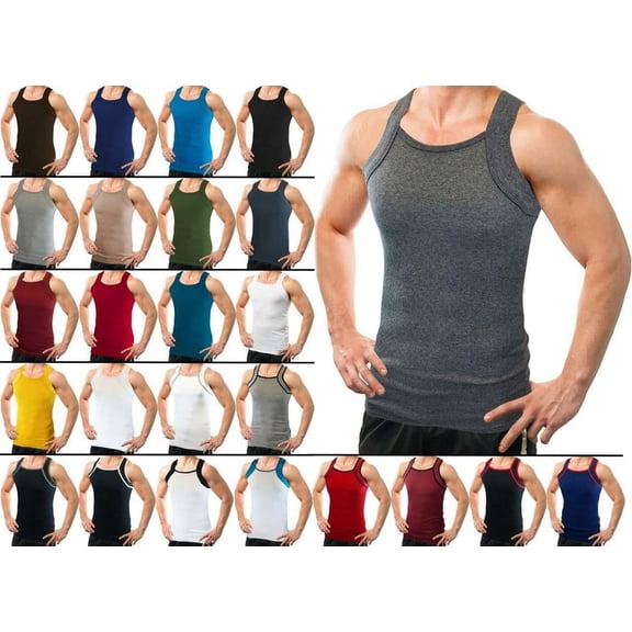 Different Touch 12 Pack Bulk Lot Men Cotton Tank Tops Square Cut Muscle Rib A-Shirts Random Assorted Colors