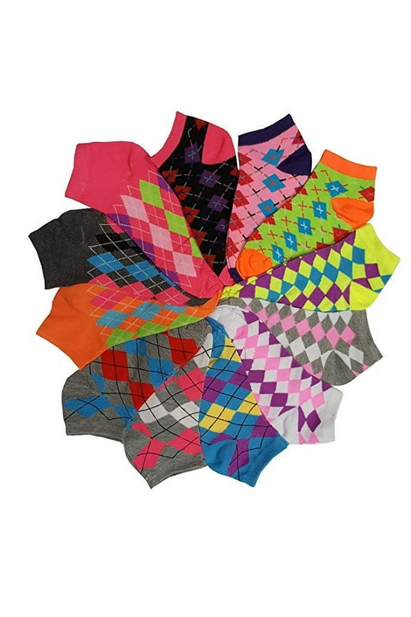 Different Touch 12 Pairs Pack Women's Argyle Low Cut Colorful Fancy Design Ankle Socks