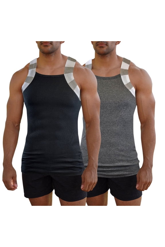 2 Pack Men Square Cut Two Ton Trim Tank Top