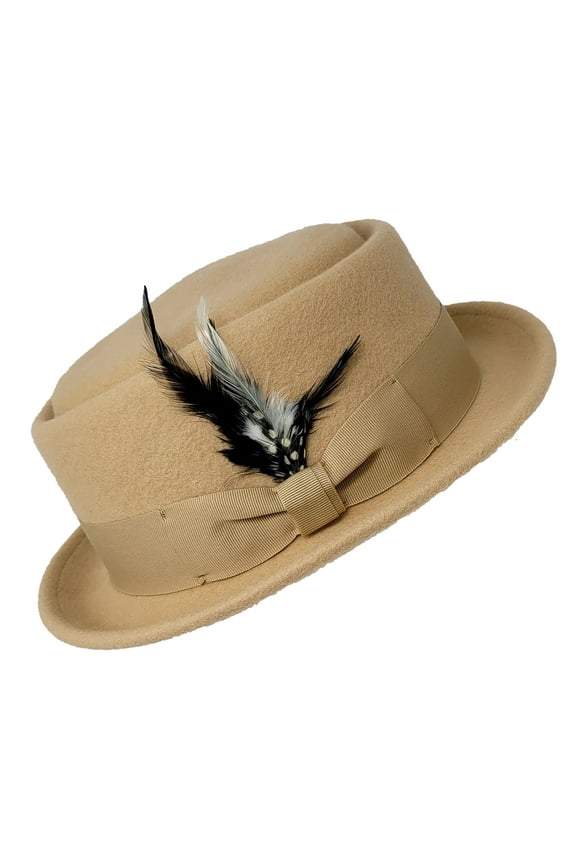 Men Women Crushable Wool Felt Pork Pie Fedora Hats with Feather