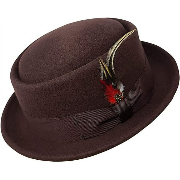 Different Touch Men's Round Top Short Brim Pork Pie Brown Fedora Hats W/Feather