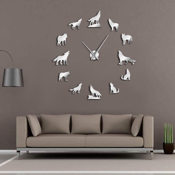 Different Wolf Pose DIY Wall Clock Modern Howling Wolf Frameless Wall Watch Wildlife Animal Giant 3D Mirror Wall Sticker(Silver,27inch)