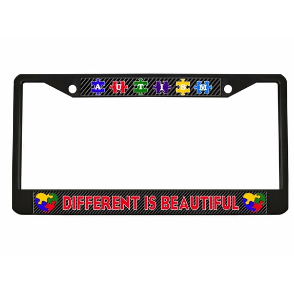 Different is Beautiful License Plate Frame Autism Awareness Personalized/Car Accessories Car Tag Holder Cover Carbon (Black/Carbon/Red)