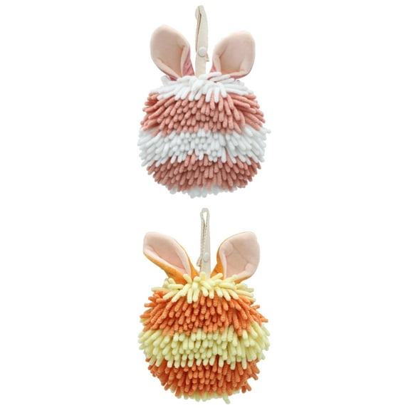 NOMADIC NOOK 2 Pcs Fluffy Chenille Ball Hand Towels with Hanging Loops Rabbit Shape Quick Drying Soft Absorbent Decorative Towel for Bathroom Kitchen Pink/Orange 7" x 7"