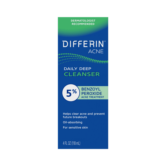 Differin Daily Deep Cleanser Face and Body Wash with 5% Benzoyl Peroxide, Dermatologist-Developed for Acne-Prone Skin, 4 oz
