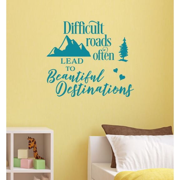 Difficult Roads Often Lead To Beautiful Destinations Inspirational Wall Sticker Decal Vinyl Lettering Quote 23x20-Inch Teal