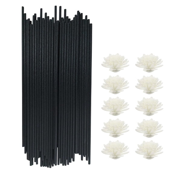 Diffuser Sticks 50 Pcs Black Fiber Refills Sticks with 10 Aromatherapy Flowers, Essential Oil Aroma Diffuser Replacements Stick for Home Office Hotel Wedding Deco (25cmx3mm)