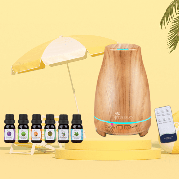 Diffuserlove 200ml Essential Oil Diffuser and 6 kinds of essential oils - Remote Control, 7 Color Lights & Auto Shut-Off for HomeFull yellow wood grain