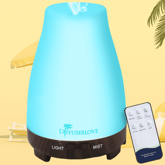 Diffuserlove 200ml Essential Oil Diffuser - Remote Control, 7 Color Lights & Auto Shut-Off for HomeBlack wood grain background