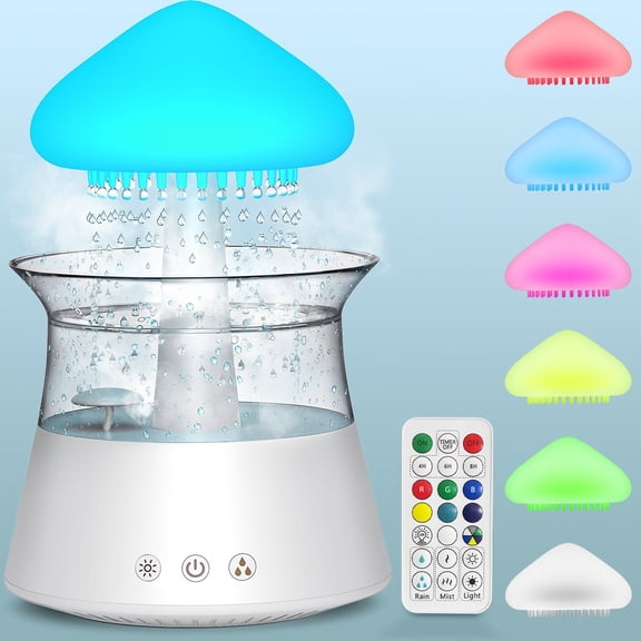 Diffuserlove Mushroom Humidifier - Humidifier with Remote-Controlled Waterfall Light. Water Drop and Rain Sound Air Humidifier. Suitable for bedrooms, offices, and large rooms.