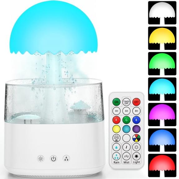 Diffuserlove Mushroom Humidifier with Remote Control - Waterfall Light Humidifier - Rain Sound Sleep Relaxation Air Humidifier - White - Suitable for Study Rooms and Bedrooms