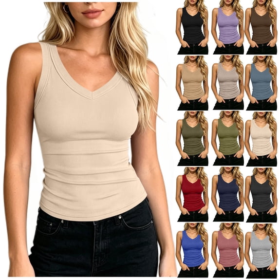 Diufon Ribbed Tank Tops for Women Summer Slim Fitted V Neck Sleeveless Tops Stretch Basic Layering Shirts for Gym Workout