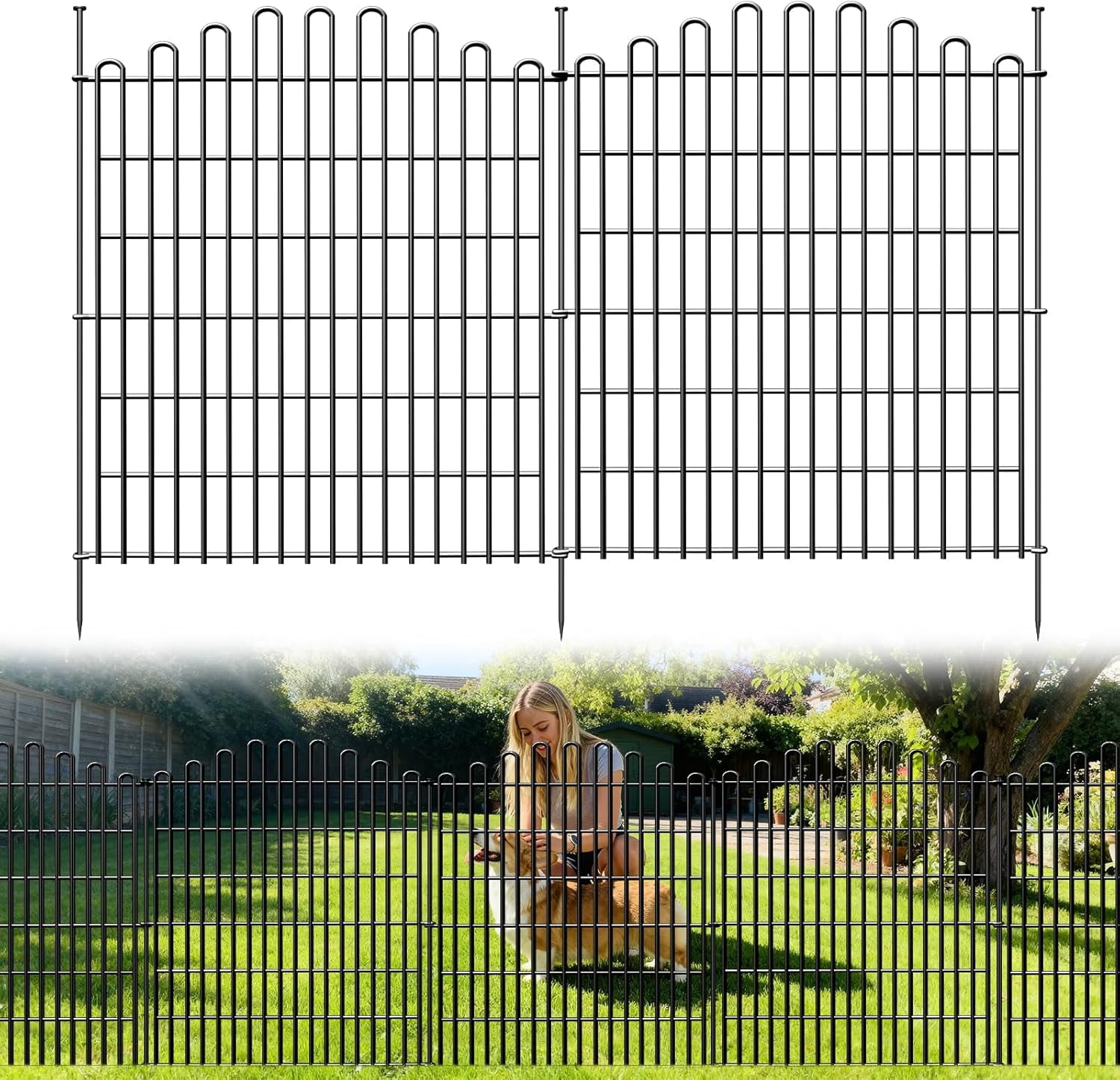 No Dig Decorative Garden Fence Panels, 5 Pack 33in H x 11.8ft L Metal Animal Barrier Dog Fence with 41in Stakes, 12in In-Ground Depth, Rustproof Picket-Style for Yard