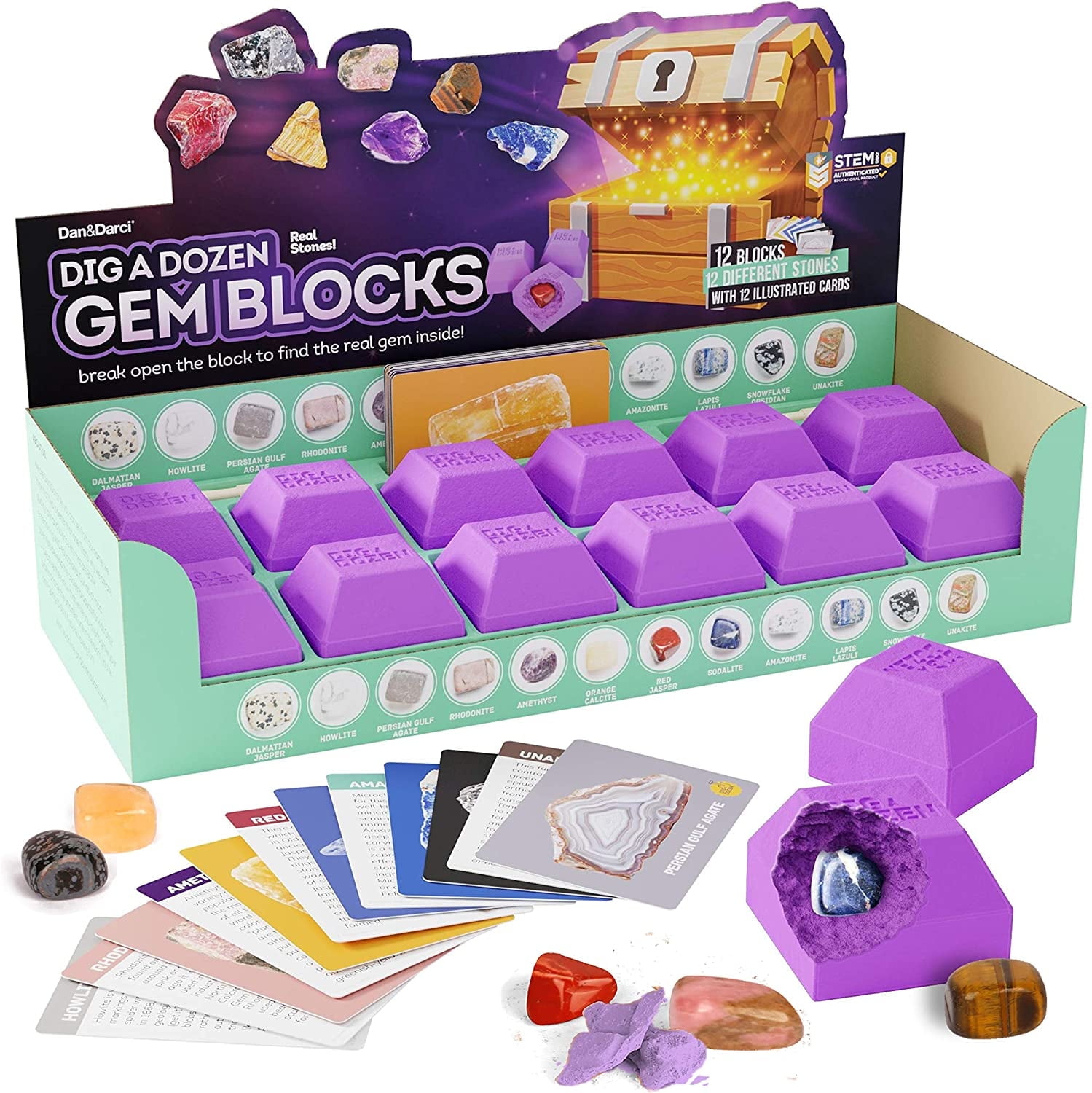 Dig a Dozen Gem Blocks - Kids Mining Kit with 12 Unique Gemstones