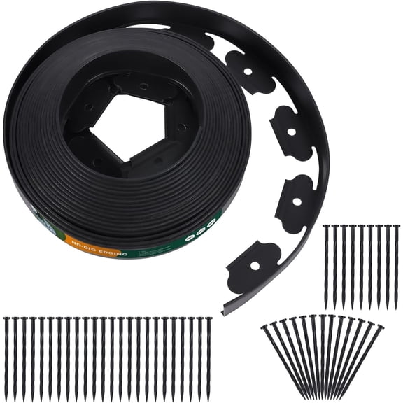 No Dig Durable Garden Landscape Edging Kit, 2" Tall Black Plastic Lawn Border for Landscaping, Flower Gardens, Lawn (100FT+ 120pcs Anchoring Spikes, Black)