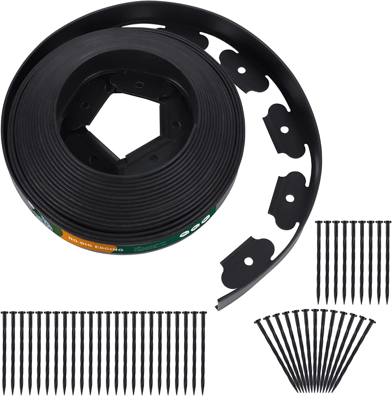 No Dig Durable Garden Landscape Edging Kit, Black Plastic Lawn Border with 24pcs Anchoring Spikes for Landscaping, Flower Gardens, Lawn (20FT+ 24pcs Anchoring Spikes)