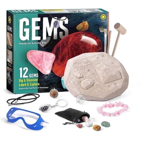 Piano Potato Gemstone Dig Kit for Kids,12 Real Polished Natural Gems Excavation Toy with Safety Goggles,3 Gem Cages for Jewelry Making, Velvet Pouch,STEM Geology Gift for Boys & Girls Ages 6-12