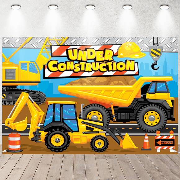 Dig into Fun! Excavator Birthday Backdrop Banner - Kids Construction Theme Party Photo Background Decor