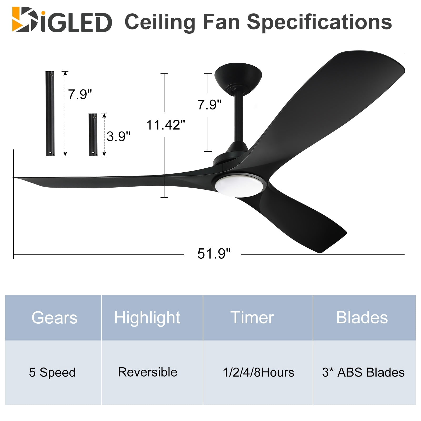 DIGLED 72 Inch Large Ceiling Fan With Light - 8 Blade Black & Gold, Remote, DC Motor, For Indoor & Covered Outdoor