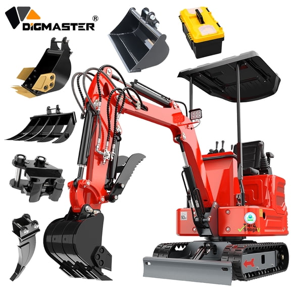 DigMaster 1.2 Ton Mini Excavator, 13.5HP B&S Gasoline Engine, Hydraulic Thumb, Compatible with Multiple Attachments, for Farms, Yards & Forestry, EPA Certified (90% Pre-Assembled)