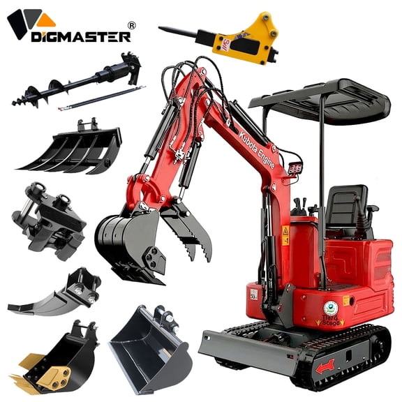 DigMaster 1.4 Ton Mini Excavator, Kubota Z482 Twin-Cylinder Diesel Engine, Hydraulic Thumb, Compatible with Multiple Attachments, for Farms & Yards, EPA Certified (90% Pre-Assembled)