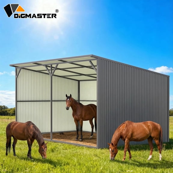 DigMaster 20x12 Ft Heavy Duty Metal Run-In Shed, 23-Gauge Galvanized Steel Horse Shelter, All-Weather Livestock Shelter with Sloped Roof for Horses, Cattle & Sheep