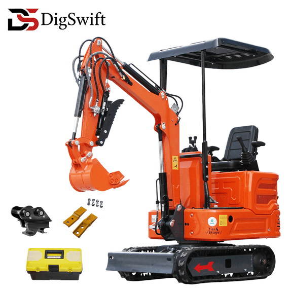 DigSwift 1 Ton Mini Excavator, Briggs & Stratton 13.5HP Gas Engine, Pilot Control, Rubber Track Crawler Digger for Residential & Commercial Digging Projects