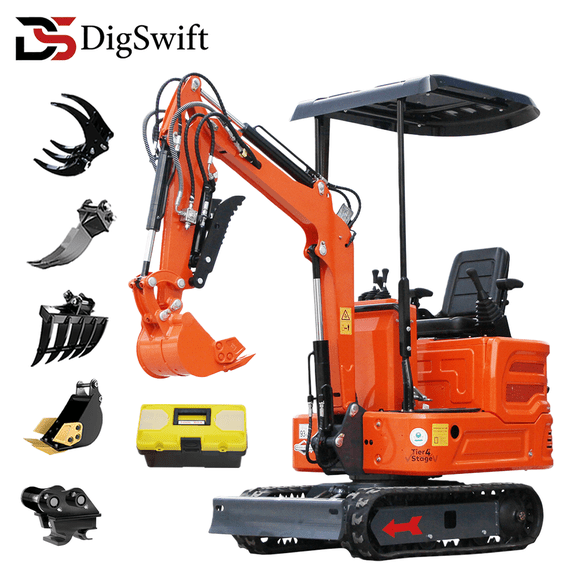 DigSwift 1 Ton Mini Excavator Crawler Digger, B&S 13.5HP Gas Power, Pilot Control, Rubber Track Small Digger + 5 Attachments for Construction & Farm Work
