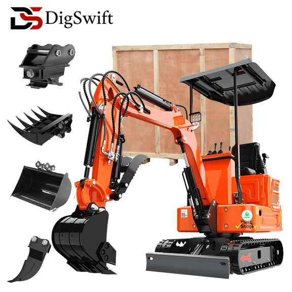 DigSwift 2650 lb Mini Excavator, 13.5 HP Gas Engine, 90% Pre-Assembled, Hydraulic Thumb and Quick Connect Attachments, In Stock and Ready to Ship from the U.S. Warehouse.