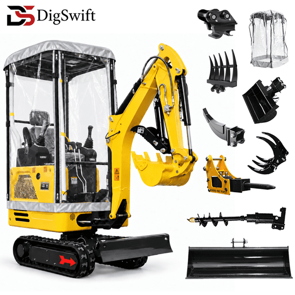 DigSwift 4000Lbs Compact Mini Excavator, Kubota Diesel Engine, Swing Arm, Retractable Rubber Tracks, Hydraulic Systom, Pilot Operated Digging + Attachments for Landscaping
