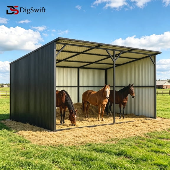 DigSwiftLivestock Shelter 20x12 ft Horse Run-in Shed, 3-Sided Heavy Duty Galvanized Steel Loafing Shed, Metal Pasture Barn Shelter with Sloped Roof for Cattle Sheep Goats, All-Weather Field Use