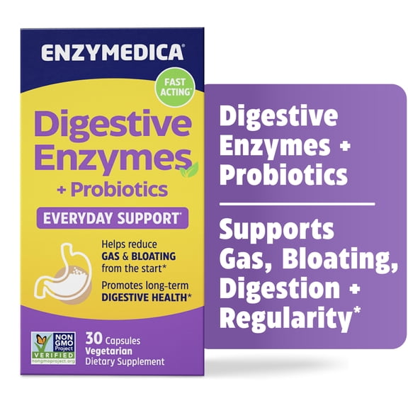 Enzymedica Digestive Enzymes and Probiotics, Meal Time Support for Gut Health and Bloating, 30 Count