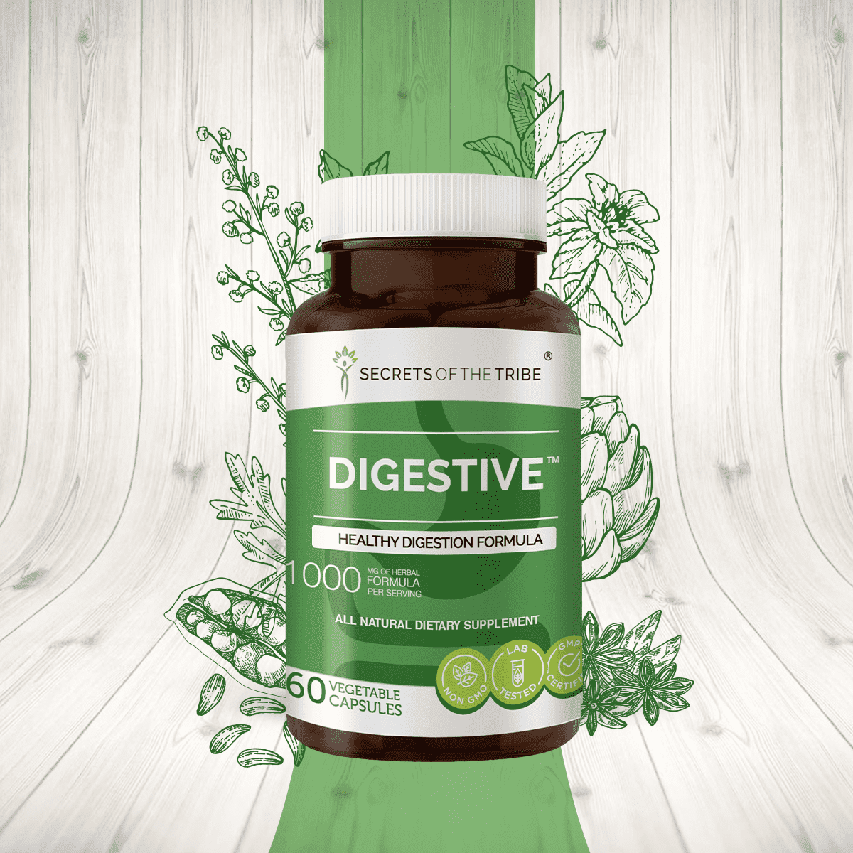 Secrets of the Tribe Digestive  Capsules Dietary Supplement, Natural Herb Blend, Made from Wormwood, Anise, Artichoke, Milk Thistle, Peppermint, Cardamom 60 Count