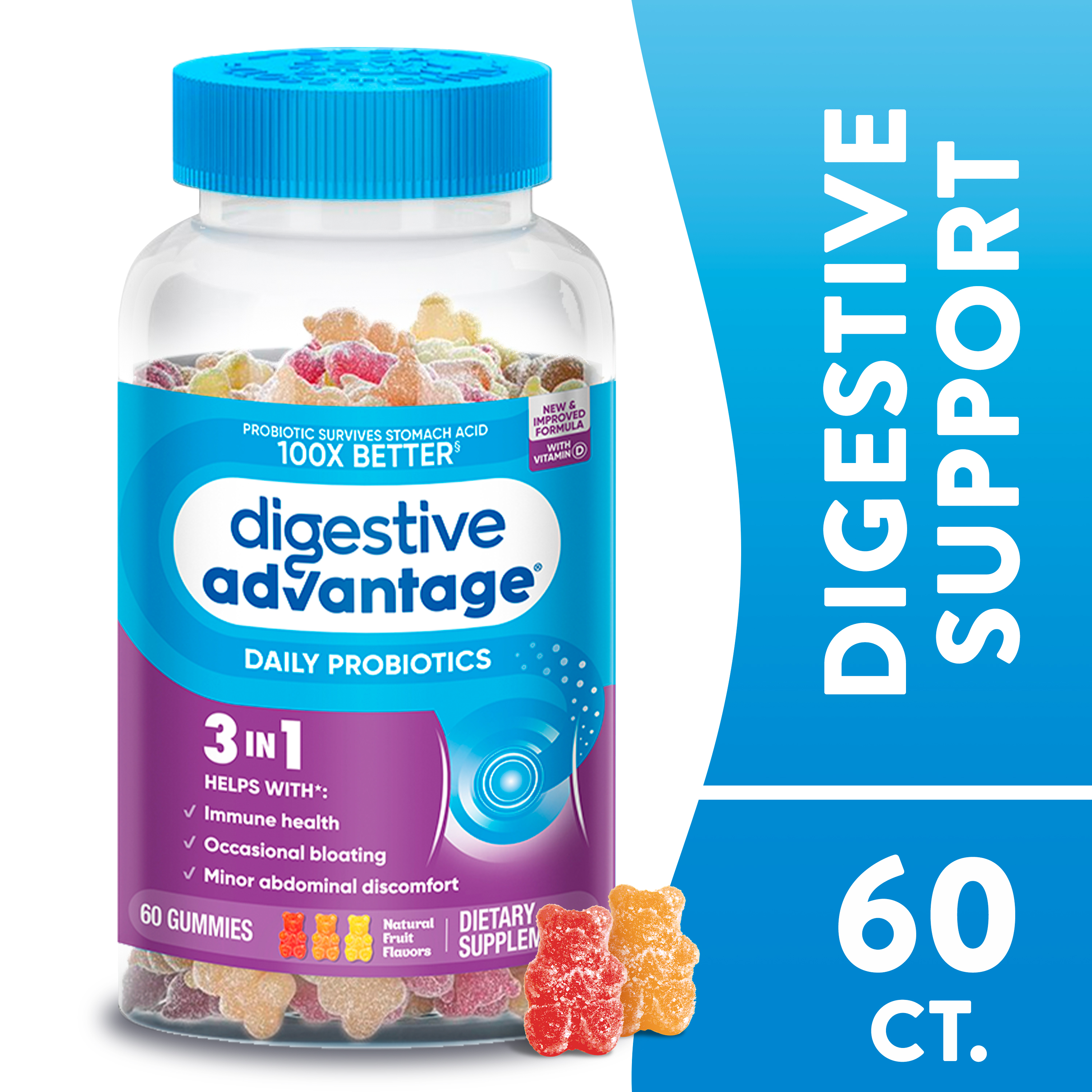 Digestive Advantage Daily Probiotic Gummies, Natural Fruit Flavors - 60 Gummies - image 1 of 10