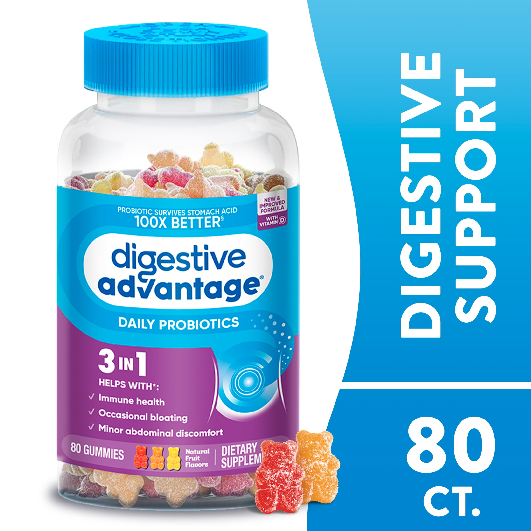 Digestive Advantage Daily Probiotics For Women And Men, Gut Health, Natural Fruit Flavors, 80 Gummies