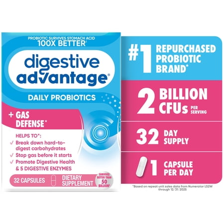 Digestive Advantage Gas Defense Probiotics For Women And Men, Digestive Enzymes For Gut Health, 32 Capsules