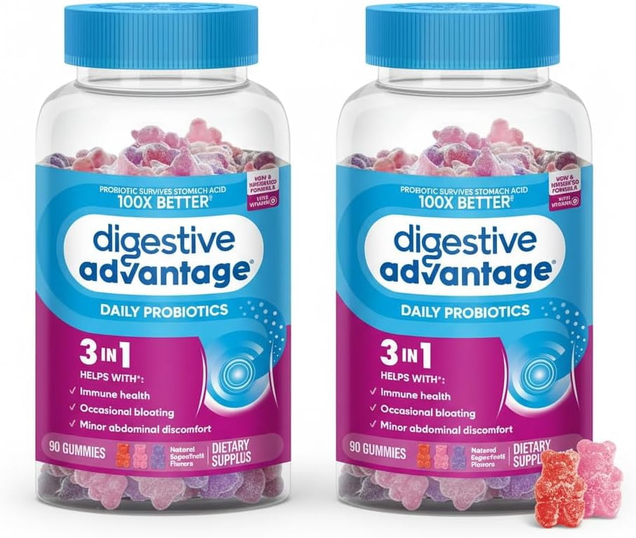 Digestive Advantage Gummies for Digestive Health, Daily Probiotics for Women & Men, Support for Occasional Bloating, Minor Abdominal Discomfort & Gut Health, Superfruit Flavor, 90 Count (Pack of 2)