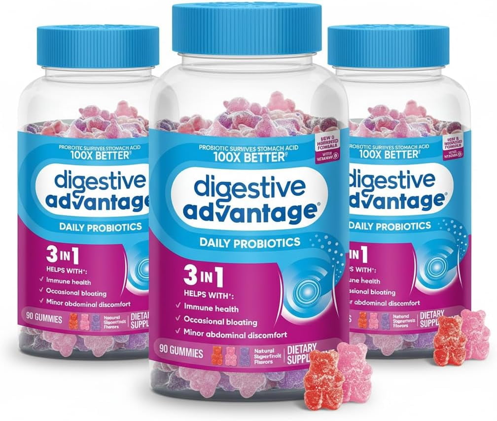 Digestive Advantage Gummies for Digestive Health, Daily Probiotics for Women & Men, Support for Occasional Bloating, Minor Abdominal Discomfort & Gut Health, Superfruit Flavor, 90 Count (Pack of 3)