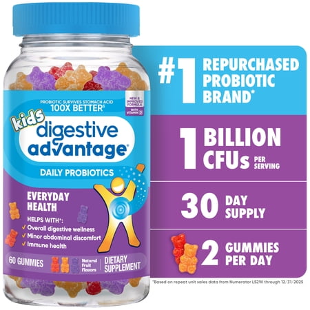 Digestive Advantage Kids Daily Probiotic Gummies, Gut Health for Children, Natural Fruit Flavors, 60 Count