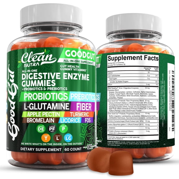 Clean Nutraceuticals Digestive Enzymes with Probiotics & Prebiotics for Digestive Health Gummies & L-Glutamine for Gut Health Bromelain Apple Pectin Inulin FOS Plant Based Vegan Gummy Vitamins