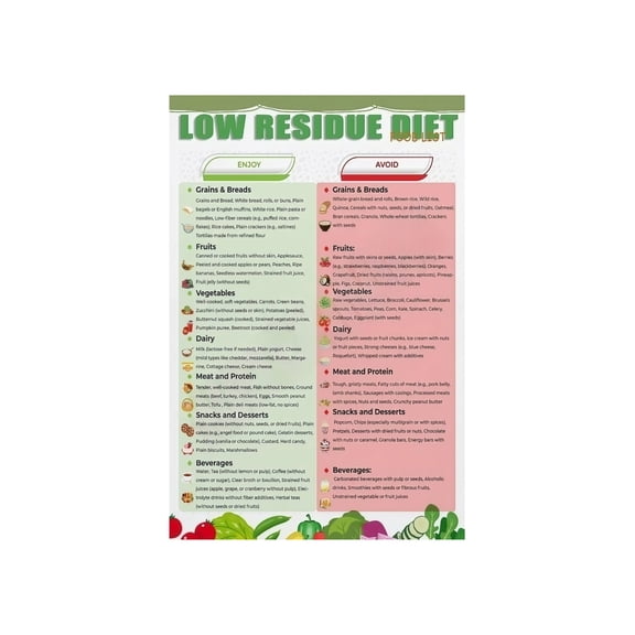 Digestive Health and Low Residue Diet Poster Educational Food Chart Grocery List Reference for Wellness Kitchen Bathroom Decor