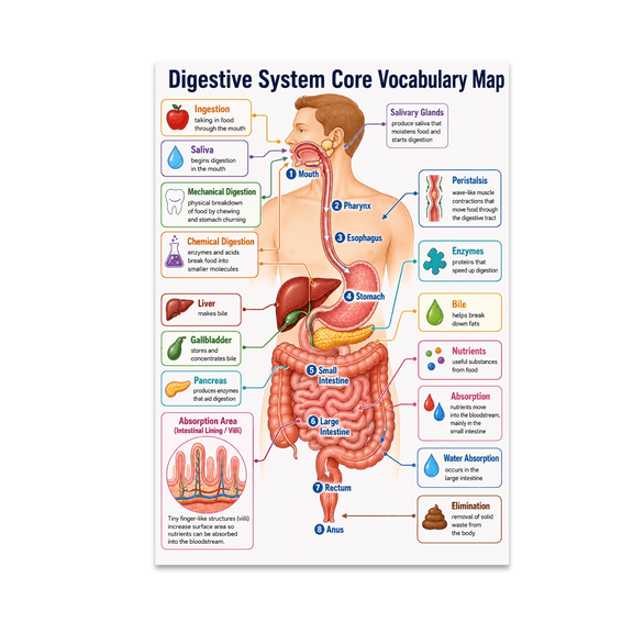Digestive System Core Vocabulary Map Poster, Anatomy Lessons, Nutrition Classes, and Educational Displays, 13x19 Glossy Paper